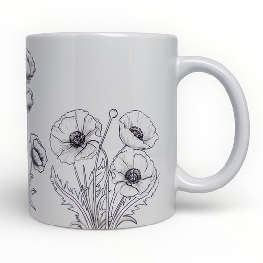 Poppy Flowers Line Art Ceramic Mug