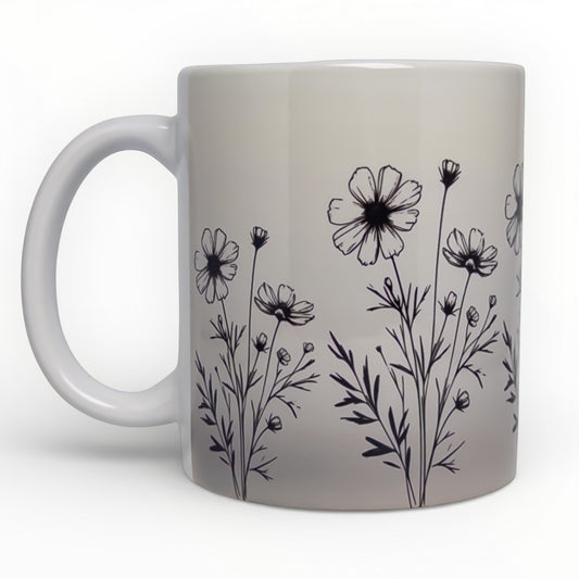 Cosmos Flowers Line Art Ceramic Mug