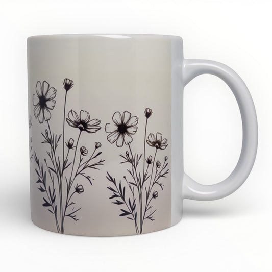 Cosmos Flowers Line Art Ceramic Mug
